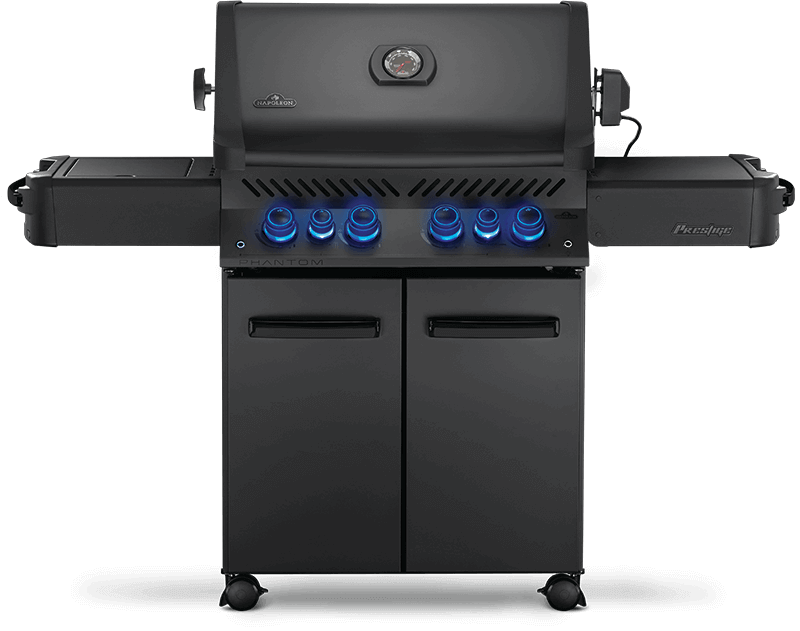 Napoleon Phantom Prestige 500 Gas Grill with Infrared Rear Burner, Infrared Side Burner, & Rotisserie Kit - Matte Black - CozeeFlames.com
