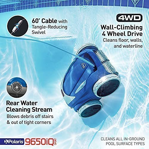 Polaris 9650iQ Sport Robotic Cleaner, Automatic Vacuum for InGround Pools up to 60ft, Smart App, WiFi, Amazon Alexa, 70ft Swivel Cable w/Strong Suction & Easy Access Filter Canister