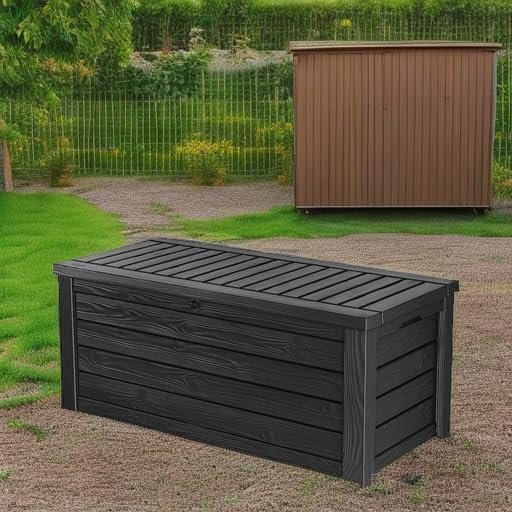 Keter Westwood 150-Gallon Resin Outdoor Storage Box | Weather-Resistant Deck Bin for Patio Cushions, Garden Tools & Pool Accessories – Dark Grey