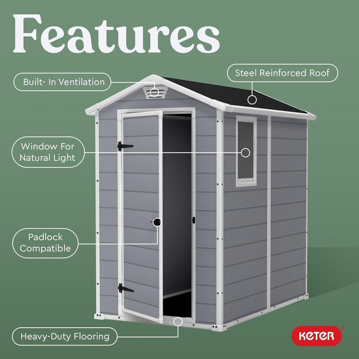 Keter Manor 4×6 Resin Outdoor Storage Shed Kit-Perfect to Store Patio Furniture, Garden Tools Bike Accessories, Beach Chairs and Lawn Mower, Grey & White