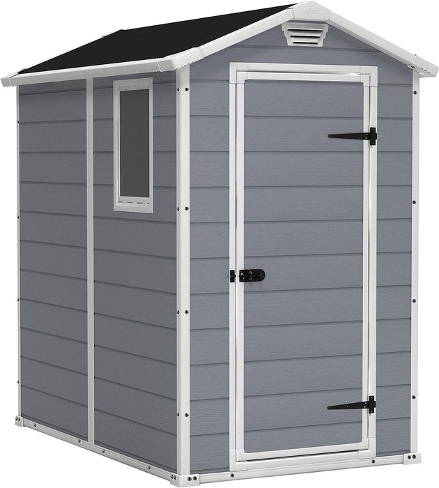 Keter Manor 4×6 Resin Outdoor Storage Shed Kit-Perfect to Store Patio Furniture, Garden Tools Bike Accessories, Beach Chairs and Lawn Mower, Grey & White