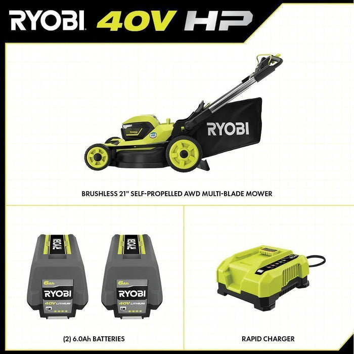 RYOBI 40v Hp brushless 21″ self-propelled AWD dual-blade mower kit