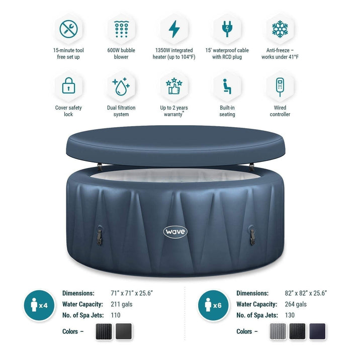 Wave Atlantic 6 Person Round Inflatable Hot Tub, Navy