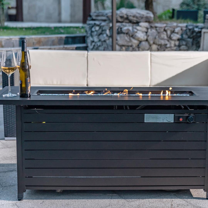 57" Aluminum Fire Table with Glass Wind Guard, Cover and Table Lid, Bronze - CozeeFlames.com